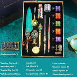 Antique Feather Retro Wooden Dip Pen Set Classic Wax Seal Stamp Kit for Calligraphy Art Words Gifts