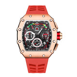 PINTIME Promotion Sale Men Fashion Sport Watch Chronograph Function Stopwatch Red Rubber Strap Auto Date Male Luxury Wristwatch