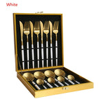 16Pcs Black Gold Dinnerware Set Stainless Steel Dinner Knife Fork White Gold Cutlery Set With Giftbox Drop Kitchen Cutlery