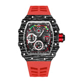 PINTIME Watch for Men Tonneau Case Fashion Quartz Wristwatch Waterproof 3Bar Silicone Strap Openwork Dial Clock Luminous Reloj