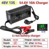 10A 54.6V Lithium Fast Charger with LED Display - For 13S 48V Li-ion Battery. Aluminum Shell, EU + Clip Plug