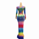 2024 Women's Elegant Evening Luxury Full Diamond Colorful Pattern Party Dress
