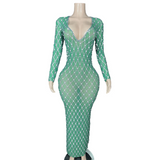 Temperament Female Singer Stage Dress Green Grid Deep V-Neck Sexy Wrapped Hip Tight Long Sleeves