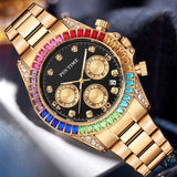 PINTIME Business Men's Watch Iced Out Diamond Stainless Steel Strap Luxury Color Quartz Wristwatch Waterproof Relogios Masculino