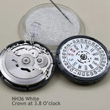3.8 O'Clock NH36A Automatic Movement Watch Self-Winding Mechanical Date/Day Setting 24 Jewels Replacements,White