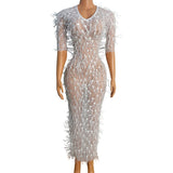 Female singer host, water diamond feather design, buttocks wrapped long skirt, slim fit temperament, sexy dress