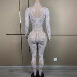 2024 stage performance costumes are full of pearl pattern design, shaping a slim and sexy runway jumpsuit