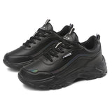 2023 new women's sports with breathable leather surface casual running, thick soled black dad shoes that won't tire your feet after standing for a long time