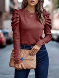 Round Neck Puff Sleeve Button Long Sleeve Top