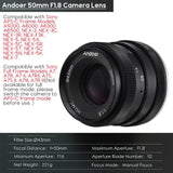 Andoer 85mm F1.8 Medium Telephoto Camera Large Aperture Full Frame Portrait Lens Manual Focus for Sony E-Mount Cameras