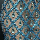 Novas new sky blue checkered diamond mesh fabric round neck sleeveless backless mini short dress