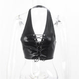 Translucent No Back Lace Up Short Women's PU Vest