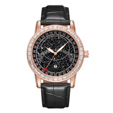 PINTIME Top Brand Watch Men's Black Leather Strap Starry Sky Dial Moon Pointer Fashion Quartz Wristwatch Casuals Luminous Reloj