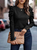 Round Neck Puff Sleeve Button Long Sleeve Top