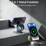 360 Rotate Metal 3 in 1 Magnetic Wireless Charger Stand Pad For iPhone 15 14 13 12 Apple Watch 9 8 Fast Charging Station