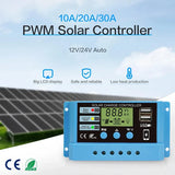10A 20A 30A Lithium iron lifepo4 Battery Charger Regulators Stabilizers 12V 24V Auto Dual USB PWM Solar Charge Controller
