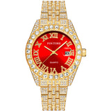 PINTIME Watches Men Luxury Diamond Iced Out Stainless Steel Strap Rome Dial Fashion Quartz Wristwatches Waterproof Reloj Hombre