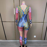 Colorful splicing, personalized street style, fashionable sexy jumpsuit, long sleeved and tight fitting