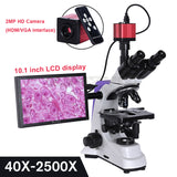 Professional Lab Biological HD Trinocular Microscope Zoom 2500X + 2/16MP Electronic Digital Camera USB HDMI VAG + 10-inch LCD