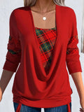 Printed Solid Color Long-sleeved Women's Large Drop Collar Loose Pleating Fake Two-piece Top