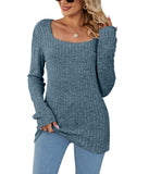 Square Collar Hollow Striped Brushed Casual Long Sleeve