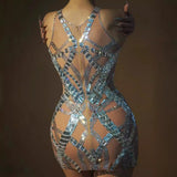Mesh Perspective High Elastic Sequins Sexy Hanging Neck Silver Red Carpet Performance Night Banquet Evening Short Skirt