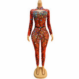 Colorful rhinestone black high-end mesh design with a sense of temperament and perspective, sexy hip lifting jumpsuit