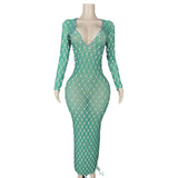 Temperament Female Singer Stage Dress Green Grid Deep V-Neck Sexy Wrapped Hip Tight Long Sleeves