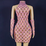 Novas new sky blue checkered diamond mesh fabric round neck sleeveless backless mini short dress