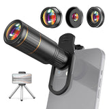 4in1 Lens 22X Telephoto Lens&205° Fisheye &4K 0.67X Wide Angle &25X ro Lens&Lens Clip&&Tripod for i Phone 15/14/13/12