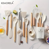 14pcs Silicone Utensil Set - Non-Stick Cooking Utensils With Wooden Handle & Storage Bucket