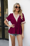 V-neck Lace Short Sleeve T-shirt Waist Trimming Shirt
