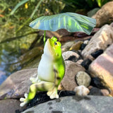 Garden Micro-Landscape Statue - Resin Frog Figurine Holding A Leaf. Realistic Cute Animal Miniature for Home & Office.