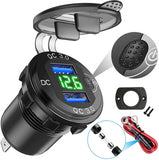 Quick Charge Car Dual USB Charger Socket Auto Adapter QC3.0 36W Waterproof with Voltmeter Switch for 12V/24V Motorcycle ATV RV