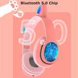 Cute Cat Ear Headphone Bluetooth 5.0 Wireless Heaset RGB Bass Noise Cancelling Earphones for Adults Kids Support TF Card