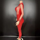 Nightclub bar party sexy red perspective mesh diamond tight jumpsuit for women's performance