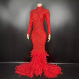 Direct sales of authentic temperament red carpet dresses, fashionable long dresses with trailing feathers for slimming effect
