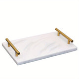 1pc Marble Pattern Bathroom Tray, Bathroom Toiletry Storage Tray With Golden Handles, Bathroom Supplies