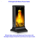FYD-835B Table Menu Power Bank with LED Backlights in 20800mah for Advertising 18650 Lithium Battery 5v/max 8A Cocopower 12V/2A
