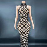 Sexy Shiny Water Diamond Silver Large Women's Evening Hanging Neck Fish Tail Long Dress Sleeveless