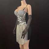 Sexy suspender gloves with full diamond sequins, tassel design on the skirt hem, stylish and buttocks wrapped nightclub bar jumpsuit