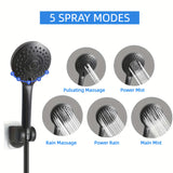 1pc Shower Head Combo, 21.84cm High Pressure Rain Shower Head, 5 Settings Handheld Shower Head Combo, Powerful Low Pressure Water Shower Spray, Matte Black, Bathroom Accessories