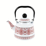 1pc 1.1L Enamel Hot Water Kettle Household Enamel Geometric Print Memory Flower Target Ancient Clock Kettle