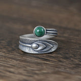 S925 Sterling Silver Retro Malachite Feather Ring Open Stacking Rings Couple Models Open Gem Ring Women/Men Jewelry Accessories