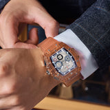 PINTIME Sport Men Watch Hollow Dial Brown Quartz Wristwatches Silicone Strap Waterproof Calendar Watches Luxury Top Brand Reloj