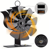 1pc, Fireplace Fan, 8 Blades Wood Stove Fan With Base Thermometer, Electric Fireplace Heater, Non Electric Fan For Wood, Thermoelectric Fan Thanksgiving Halloween Christmas Gift Fall Winter Essential Fireplace Accessories Wood Stove Accessories