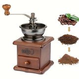 1pc, Vintage Manual Coffee Grinder, Burr Hand Crank Coffee Grinders, Wooden Vintage Style Hand Coffee Grinder, Classic Coffee Mill Hand Crank Coffee Grinders, Coffee French Press
