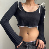 Women's Square Collar Short Tied Long Sleeves Top
