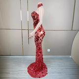 Luxury long with red temperament, chest wrapped backless, sexy waist cinched and slimming sequin evening dress