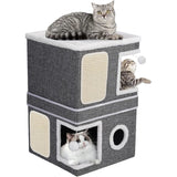 Indoor Cat House with Separate 2 Large Cat Bed Cave Hideaway Condos and Hanging Balls. Cat Cube for Multiple Cats and Kittens.